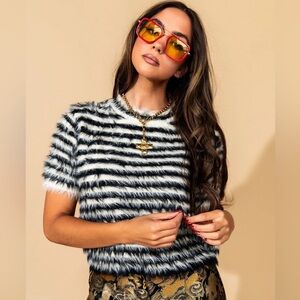 Dressed in LALA Be Proud Of Yourself Fuzzy Knit Top in Black + White